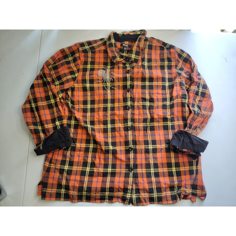 Krazy Kat XL Plaid Flannel Shirt‎ Rhinestone Spider Halloween Orange Black